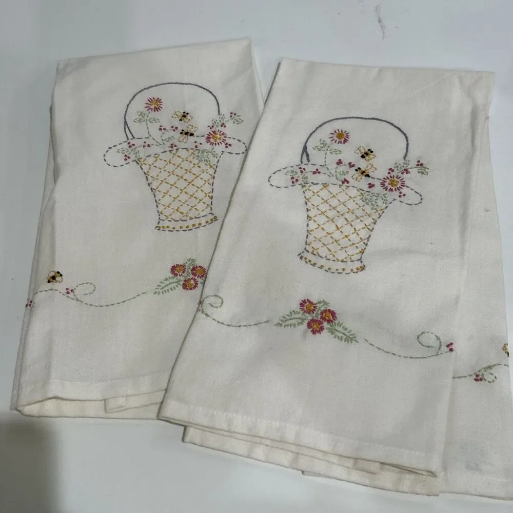 Set of 2 Hand Embroidered Cream Dish Tea Towels Floral Basket Bees